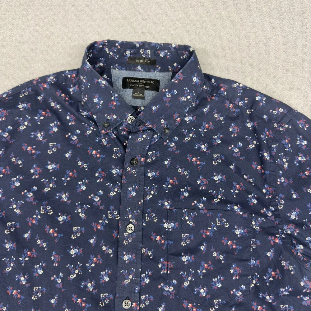 Banana Republic Shirt Mens Large Navy Blue Floral Slim Fit Stretch Soft Wash